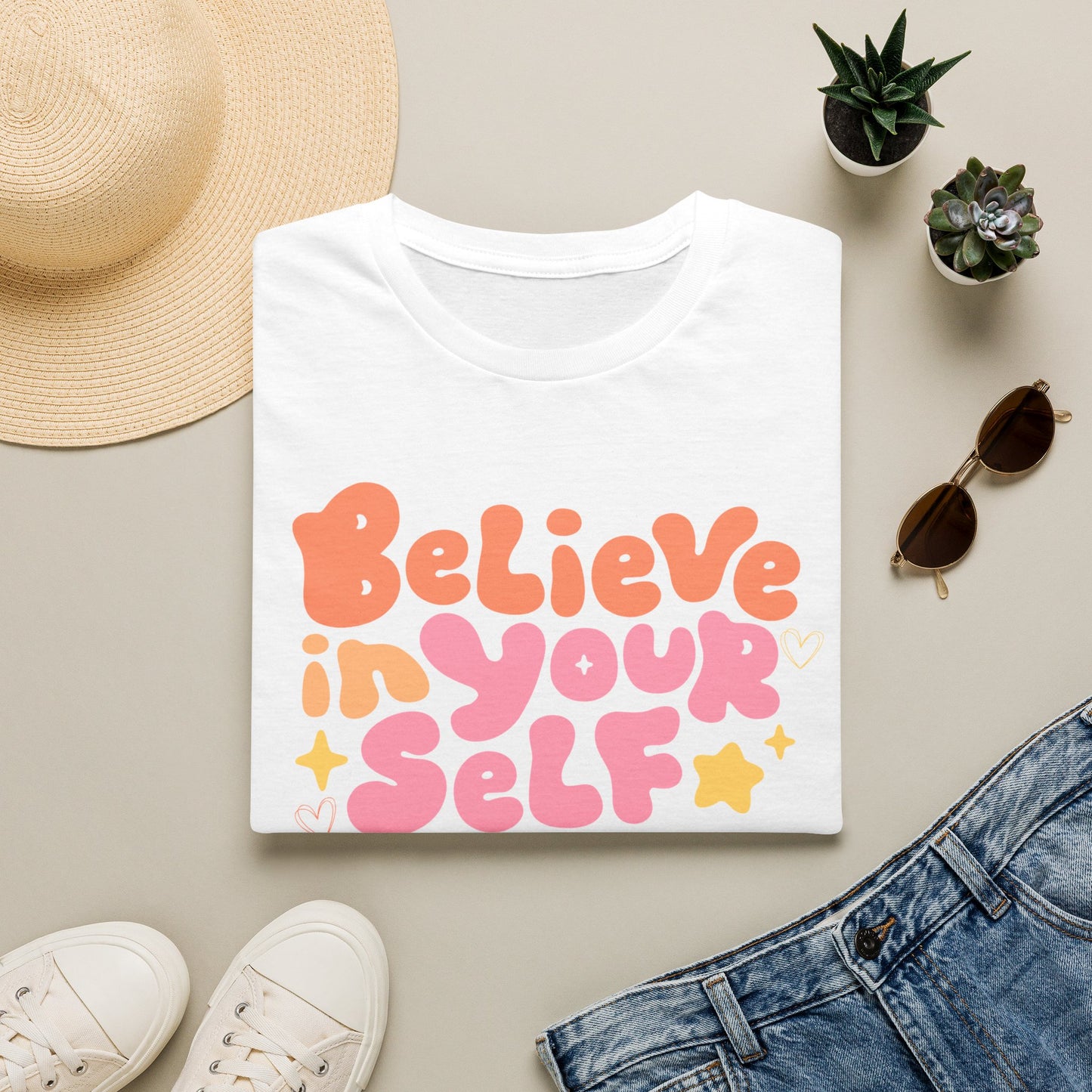 Believe in Yourself Graphic Tee — Retro Bubble Letter Inspirational T-Shirt