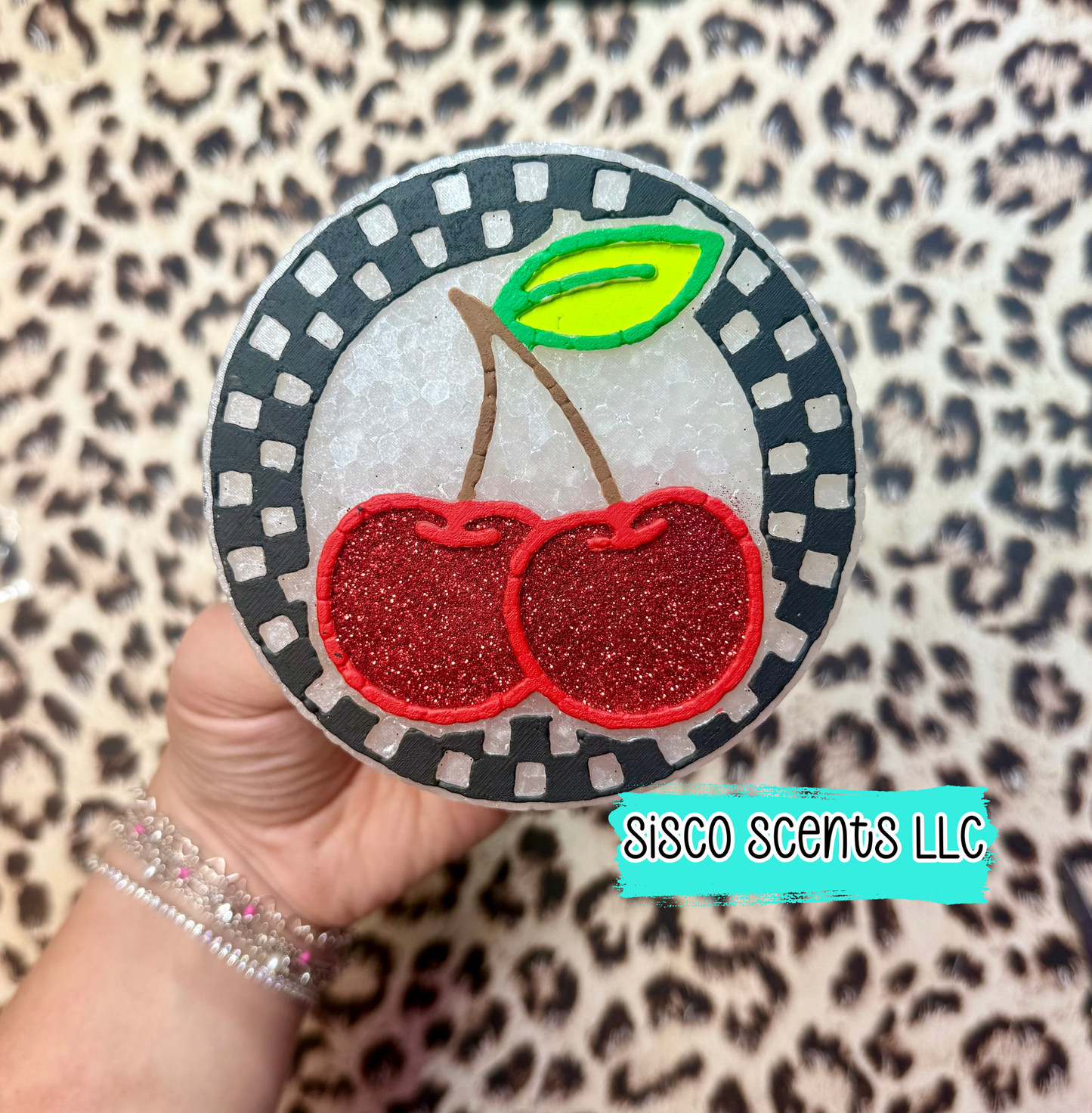 Checkered Cherry Round Car Freshie